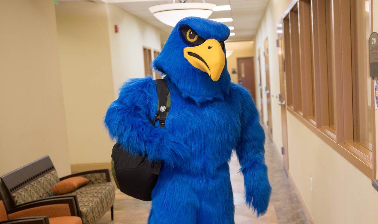 Daytona State College's mascot standing in a hallway